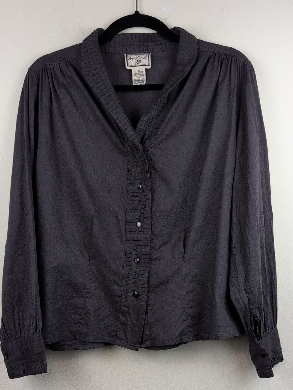 April Cornell Pleated-Trim Button Front Shawl Collar Blouse Cotton Dark Eggplant